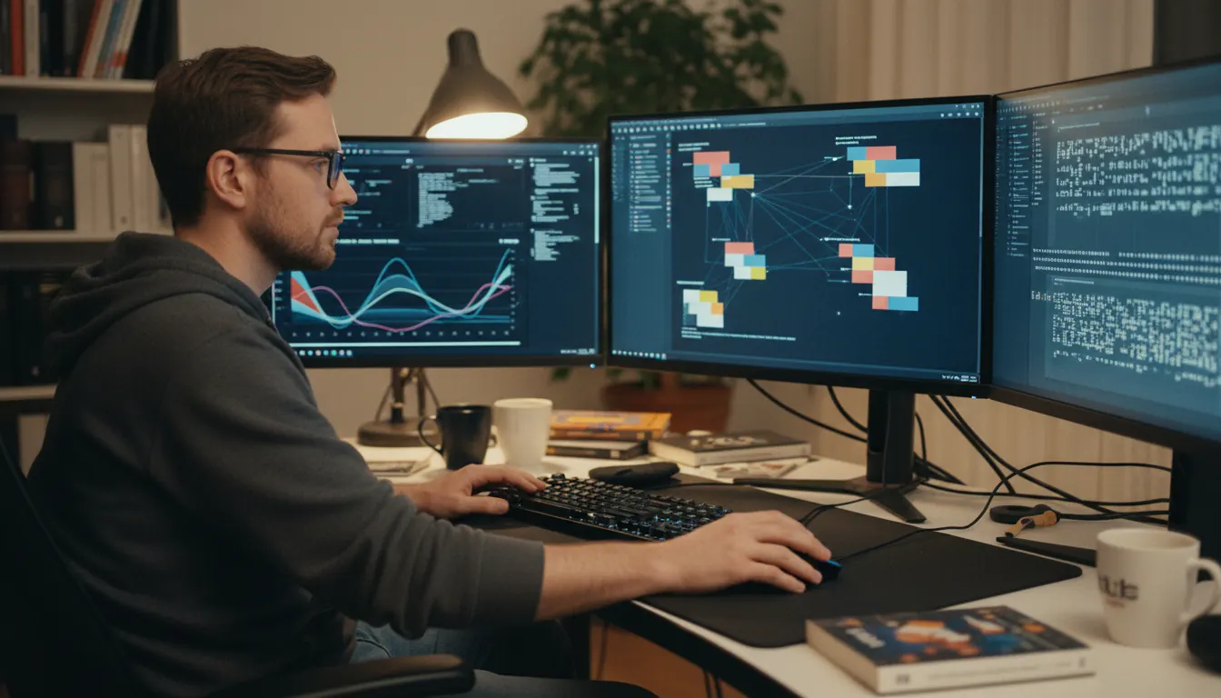 Développeur travaillant sur du code d'analyse de données avec plusieurs écrans