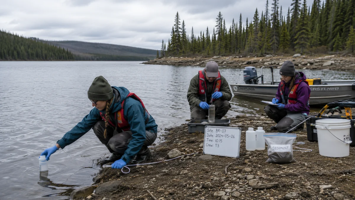 Équipe de recherche prélevant des échantillons lors d'une analyse environnementale au bord d'un réservoir boréal