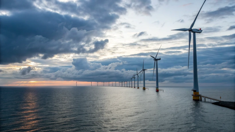 Rangée d'éoliennes offshore installées en mer par temps nuageux, illustrant la transition vers des énergies renouvelables pour alimenter les data centers