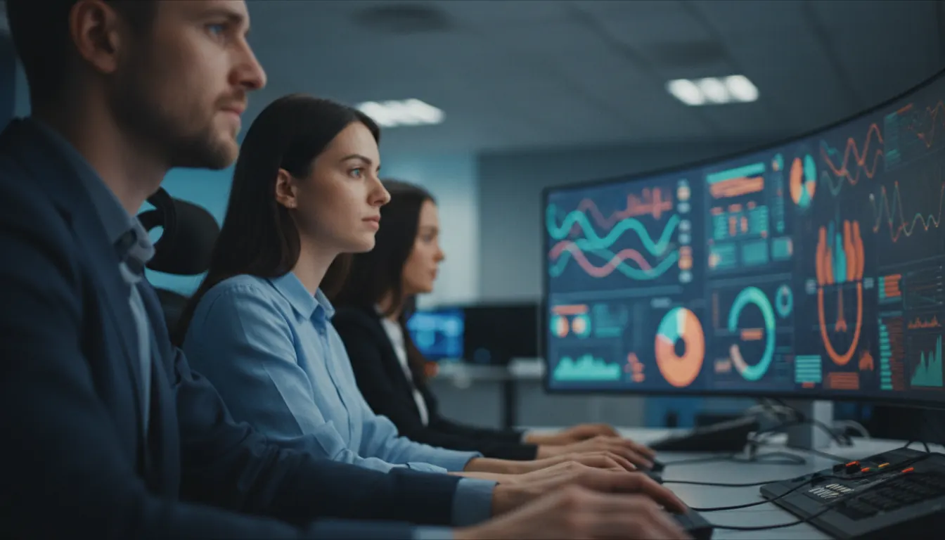 Écran de surveillance montrant des tableaux de bord analytiques en temps réel