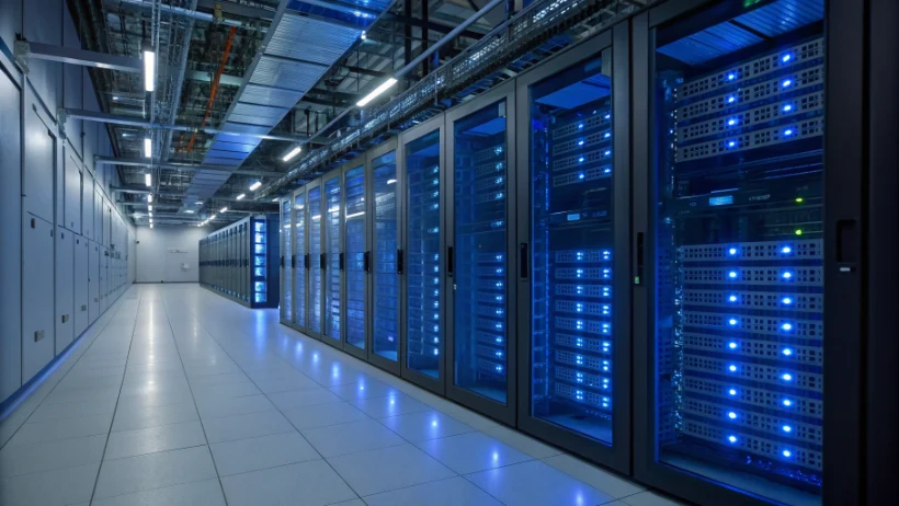 Salle des machines d'une centrale hydroélectrique avec de grandes turbines et générateurs en acier alignés sous une structure industrielle