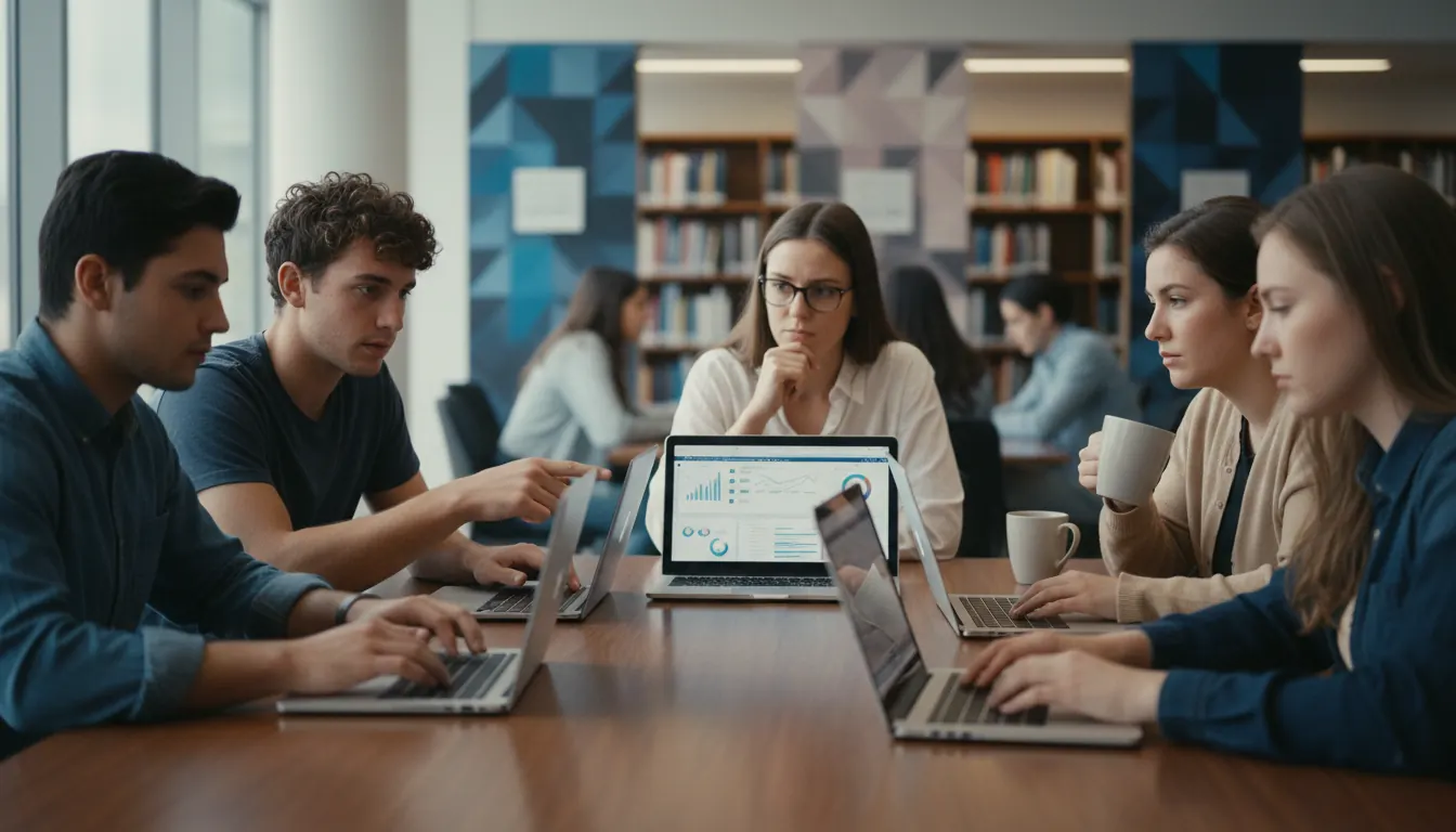 Étudiants travaillant sur des analyses de données avec des ordinateurs portables